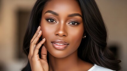 Portrait of young black woman with flawless skin and elegant makeup posing indoors