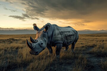 Obraz premium Majestic rhinoceros stands in golden sunset on grassland in a serene landscape