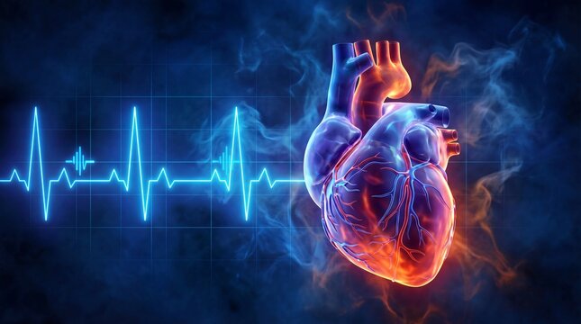 Human heart illustration with glowing red and blue details surrounded by smoke and a heartbeat graph on a dark blue background representing medical and health concepts effectively