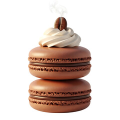 Stack of three macarons with chocolate and whipped cream topping isolated on transparent background