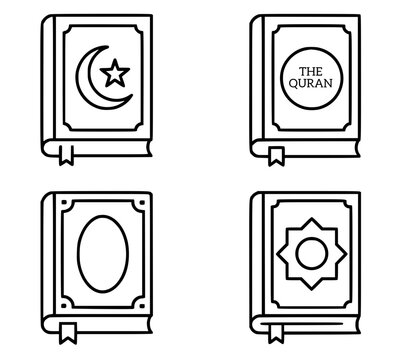 Islamic icons for Ramadan or Eid al-Fitr, set of 4 vector illustrations of the Koran (Quran) with outline design style