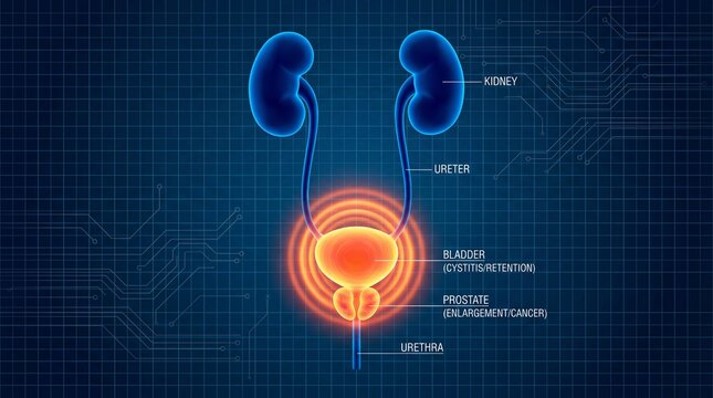 Human urinary system with highlighted prostate and bladder issues