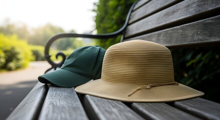 Fototapeta premium Green baseball cap and straw sun hat rest on a wooden park bench on a sunny day.