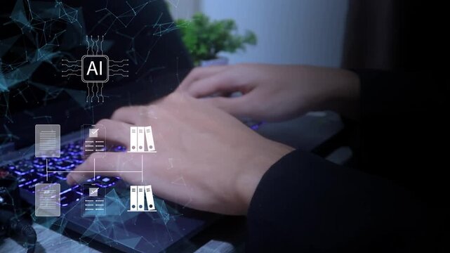 Ai Futuristic data interface file folder digital manage documents cloud big database paperless search scanning Ai business virtual screen Automation Storage office artificial intelligence.