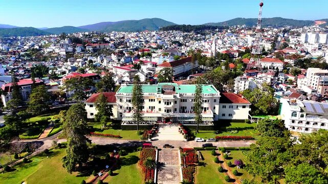 The historic Dalat Palace Hotel in Da Lat, Vietnam, showcasing elegant colonial architecture, luxury design and timeless European style.