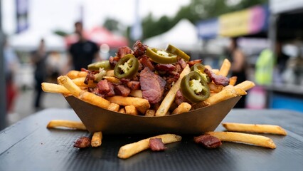 Food truck festival banner featuring loaded fries with bacon and jalape&ntilde;os, realistic outdoor snapshot with copy space and bokeh background.