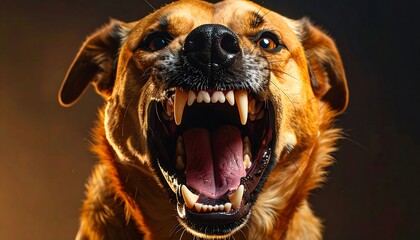 Angry dog showing sharp teeth aggressively.