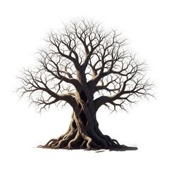Majestic ancient oak tree with sprawling bare branches isolated on transparent background