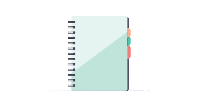 Stylish spiral notebook with colorful tabs on white background in minimalist flat style