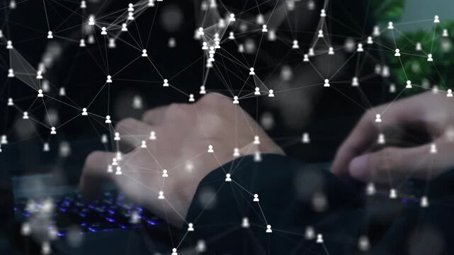 businessman hands typing on a laptop keyboard with abstract digital connection lines Blockchain supply chain business smart contract solution protocol.