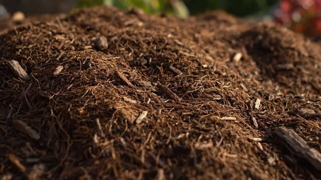 Close-up of a Pile of Brown Mulch in an Outdoor Garden Setting with Soft Focus and Organic Texture