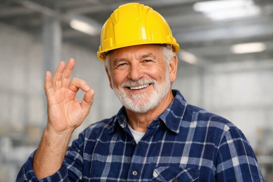 Craftsman's Seal of Approval: A seasoned craftsman, adorned in a hardhat, offers an affirmative gesture, conveying confidence and excellence in his profession.