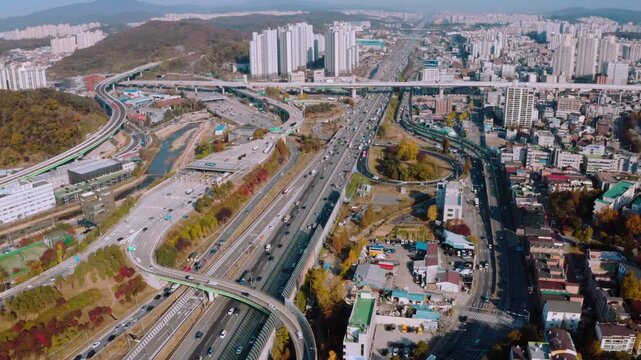 Aerial view of Suwon-Singal Tollgate on Gyeongbu Expressway, South Korea.