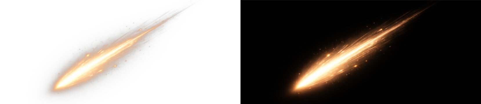 Golden comet light streak with glowing energy trail and cosmic sparkle abstract vector illustration on transparent background