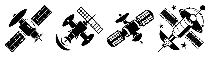 Futuristic space satellites orbiting Earth with solar panels and antennas in deep space exploration