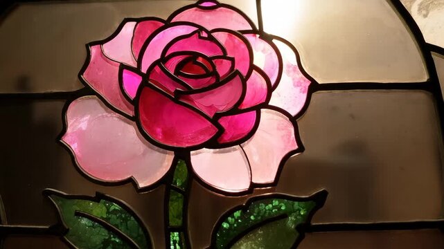 Stained glass artwork shows a pink rose in a design with green leaves and colorful background