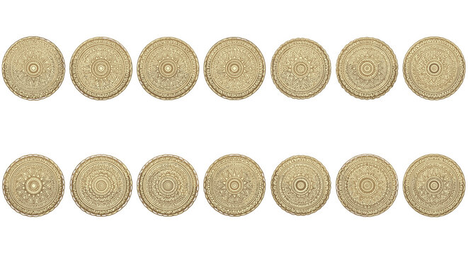 Seamless pattern of golden ancient coins in two horizontal rows on white background