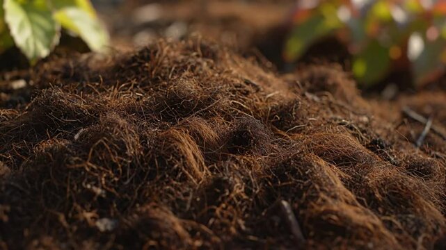 Close up view of brown mulch covering soil with a backdrop of green plant leaves under sunlight