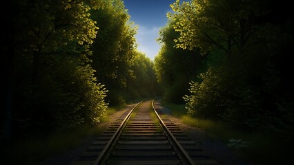 Obraz premium Winding railway tracks disappear into a bright forest opening surrounded by lush green trees under a blue sky.