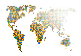 Fototapeta premium Colorful dot matrix forms continents on white background. Modern cartographic visualization using multicolored circles for geographic data representation.