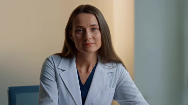 A attentive caucasian female doctor in a white coat listens with a concerned, empathetic expression while holding a tablet in a clinical office, concept of trust, empathy and professional healthcare