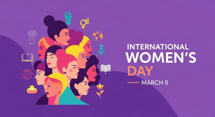 International women's day march 8 illustration with diverse group of women faces and symbols