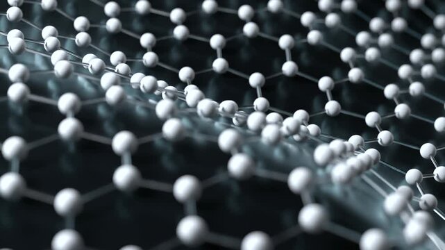 3d animation of graphene lattice structure atoms connected in hexagonal grid pattern on dark background