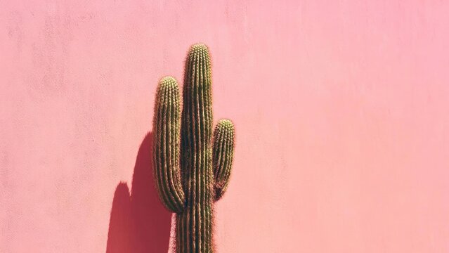 Tall cactus with multiple arms growing next to a pastel pink wall. Concept Tall multi-armed cactus, Pastel pink wall, Desert-inspired backdrop, Green-pink color contrast, Vertical composition