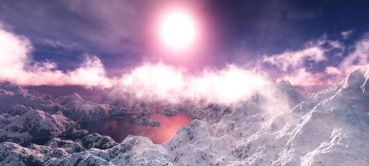 snow clouds among snowy peaks, sun in the snow, arctic ice, Greenland in ice, 3D rendering © ustas