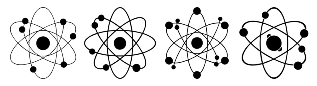 Atomic structure diagram set with nucleus and electron orbits for science education and technology concepts