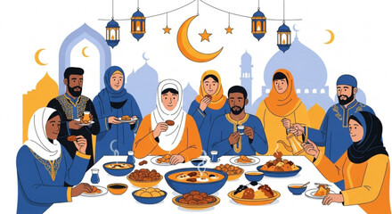 Diverse muslim family sharing iftar meal together during ramadan with traditional food and decorations