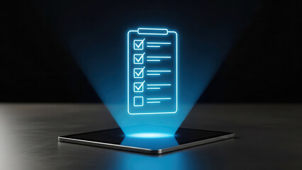 Obraz premium Digital checklist hologram projected from a tablet device, glowing with blue light, representing task management and organization in a modern technological environment