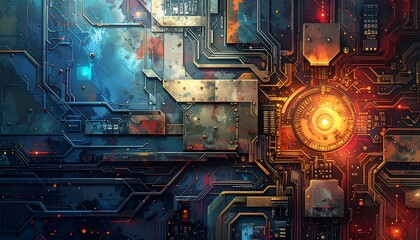 Futuristic Circuit Board with Glowing Components.