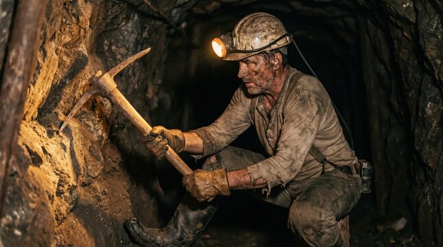 Miner working inside a dimly lit mine tunnel