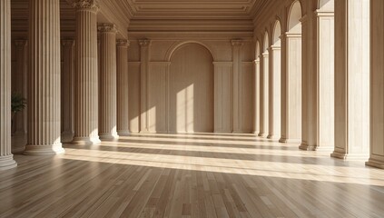 Obraz premium Large Hall With Tall Columns and Soft Light Streaming Through Windows in a Classic Building During the Day