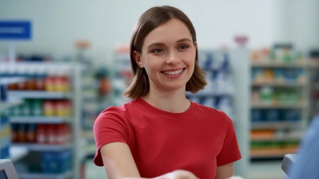 A friendly young caucasian female cashier in a supermarket uniform hands over change with a genuine quick smile and nod to a customer, concept of polite service and positive retail experience