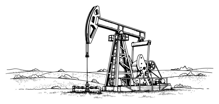 Vintage style hand drawn sketch of an oil pump jack in a rural field landscape
