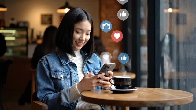 Woman scrolls smartphone in cafe. She checks social notification and taps like. Steam rises from coffee cup on table. Natural light through window frames scene. Casual lifestyle and mobile connection.