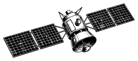 Hand drawn sketch of a space communication satellite with large solar panels © InsomniaVideo