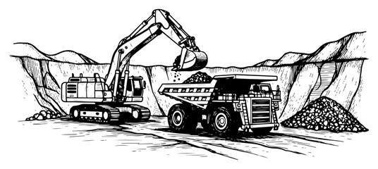 Industrial sketch of an open pit mine with heavy excavator loading a haul truck © InsomniaVideo