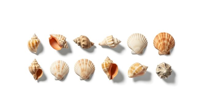 Fifteen Assorted Seashells Arranged in Two Rows on White Background collection variety