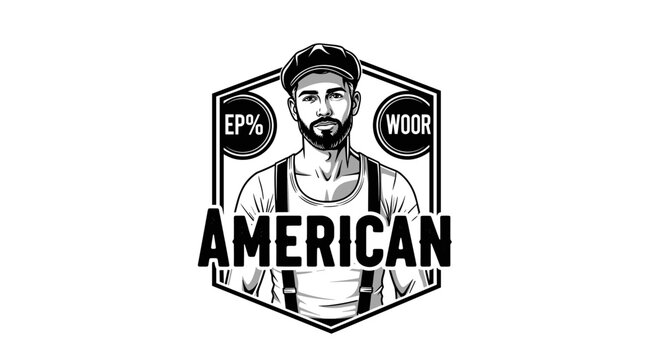 Vintage American man with suspenders and flat cap, emblem style illustration