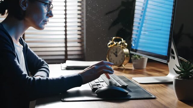 Woman types on ergonomic keyboard with wrist rest at desk. Female worker uses keyboard at home office. Woman working on computer with ergonomic keyboard. Office desk with wrist support setup.
