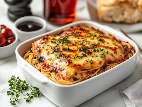 Chicken parm in white bowl with condiments on marble table.