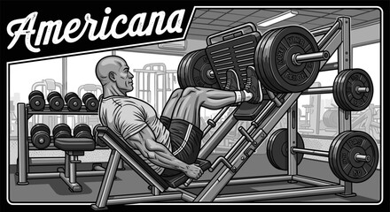 Muscular man performing leg press exercise in a vintage gym setting