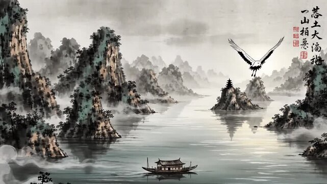 Majestic Ink Wash Landscape: Misty Mountains, Calm River, Traditional Boat & Soaring Crane in Classic Chinese Art Style