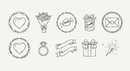 Hand-drawn romantic icons for Valentine's Day, weddings, and celebrations