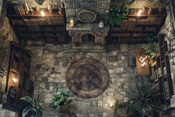 Fototapeta premium Battle map library location with stone walls. Cozy room filled with bookshelves, rugs, and plants under warm lights. Perfect fantasy terrain for tabletop roleplay.