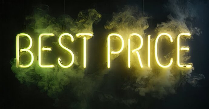 Bright neon sign displays Best Price. Smoky background creates dramatic effect. Bold lettering emphasizes value proposition.