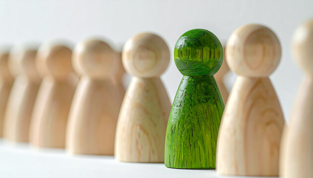 Wooden figurines on white background, one green figurine highlighted, selection and leadership.